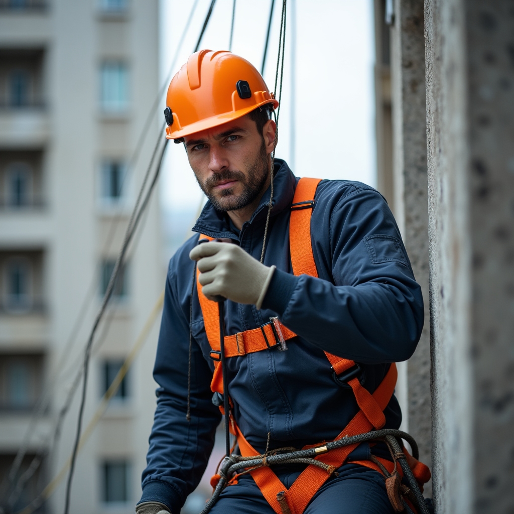 Alpinist utilitar lucrând pe fațada unui bloc